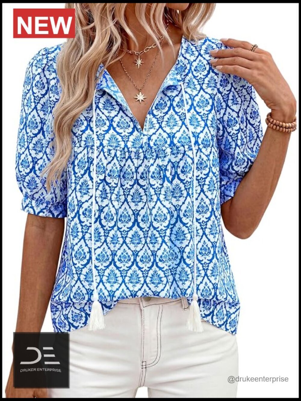 Boho Tie Front V Neck Short Sleeve Peasant Blouse Vacation Outfit